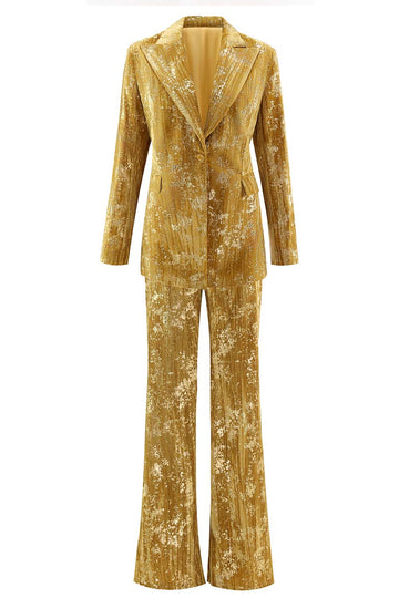 Sparkly amarelo pico lapela 2 peças mulheres ternos de baile com mangas